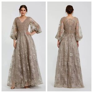 Mac Duggal NWT 20283D Embellished Lace Beaded Evening Gown 18 Silver Champagne